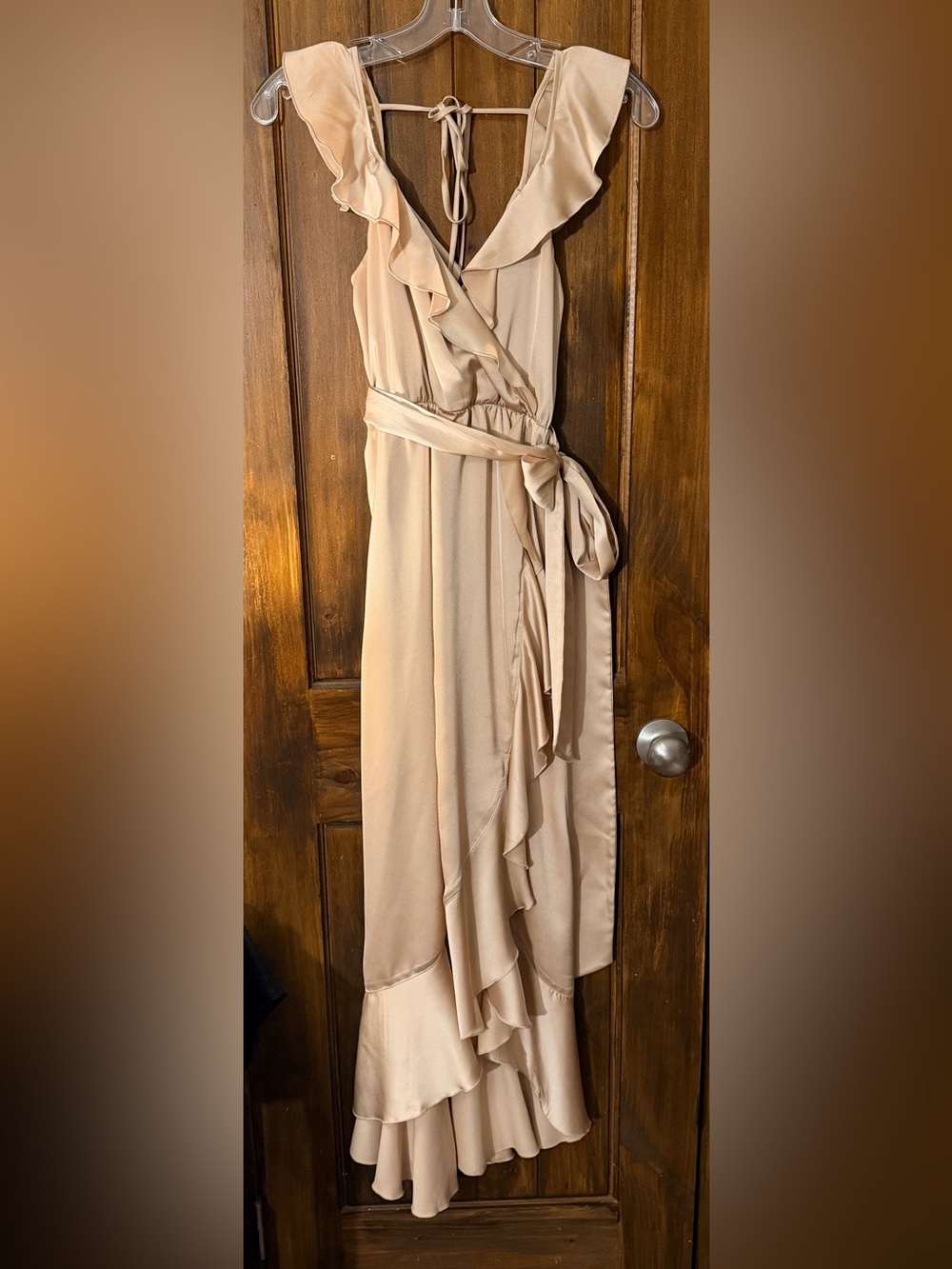 Sleeveless Ruffle Wrap Maxi Dress in Beige